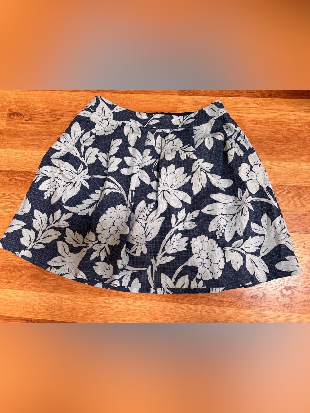 Loft Blue Floral Print Doubleweave Pleated Swing Cotton Blend Skirt Women’s 8